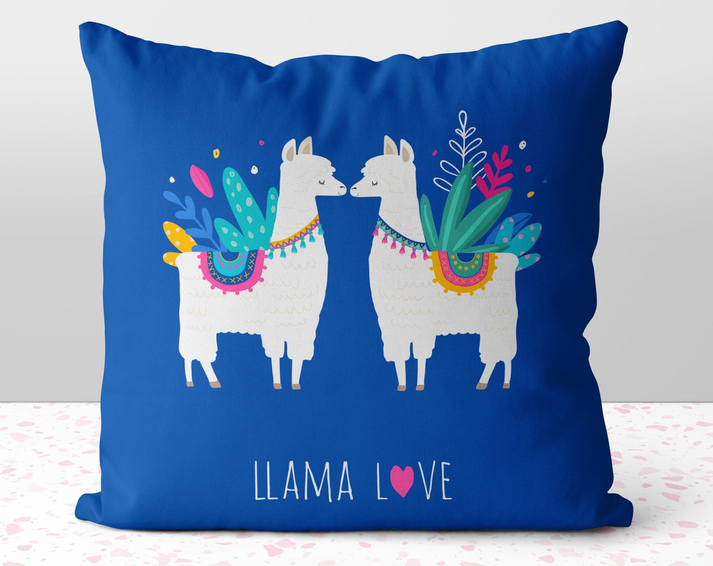 Kissing Llama Love Blue Pillow Throw Cover with Insert - Cush Potato Pillows