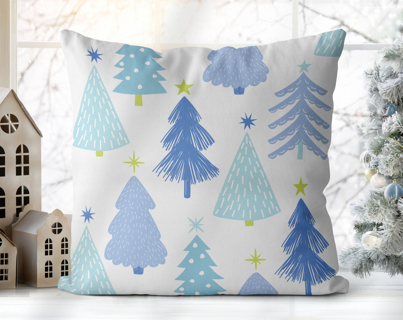 Marvelous Christmas Trees Blue Pillow Throw - Cush Potato Pillows
