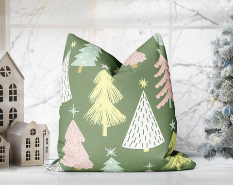 Marvelous Christmas Trees Green, Pink and White Pillow Throw - Cush Potato Pillows