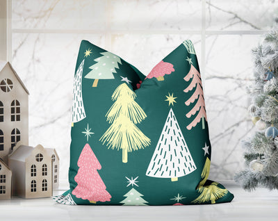 Marvelous Christmas Trees Green, Pink and White Pillow Throw - Cush Potato Pillows