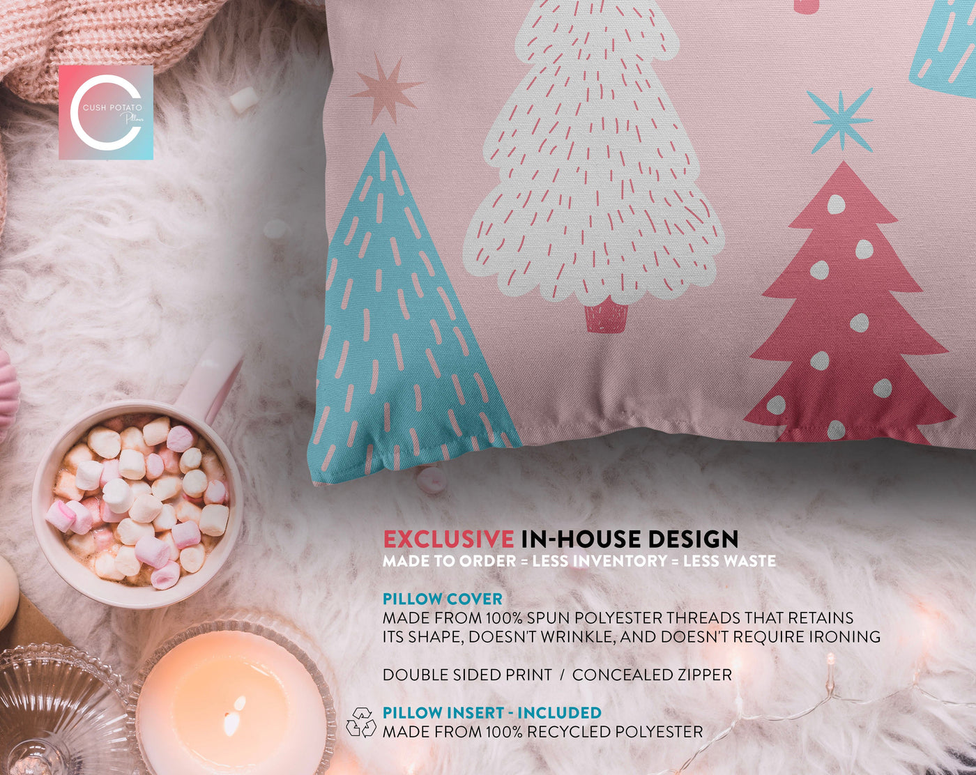 Marvelous Christmas Trees Pastel Pink Pillow Throw - Cush Potato Pillows