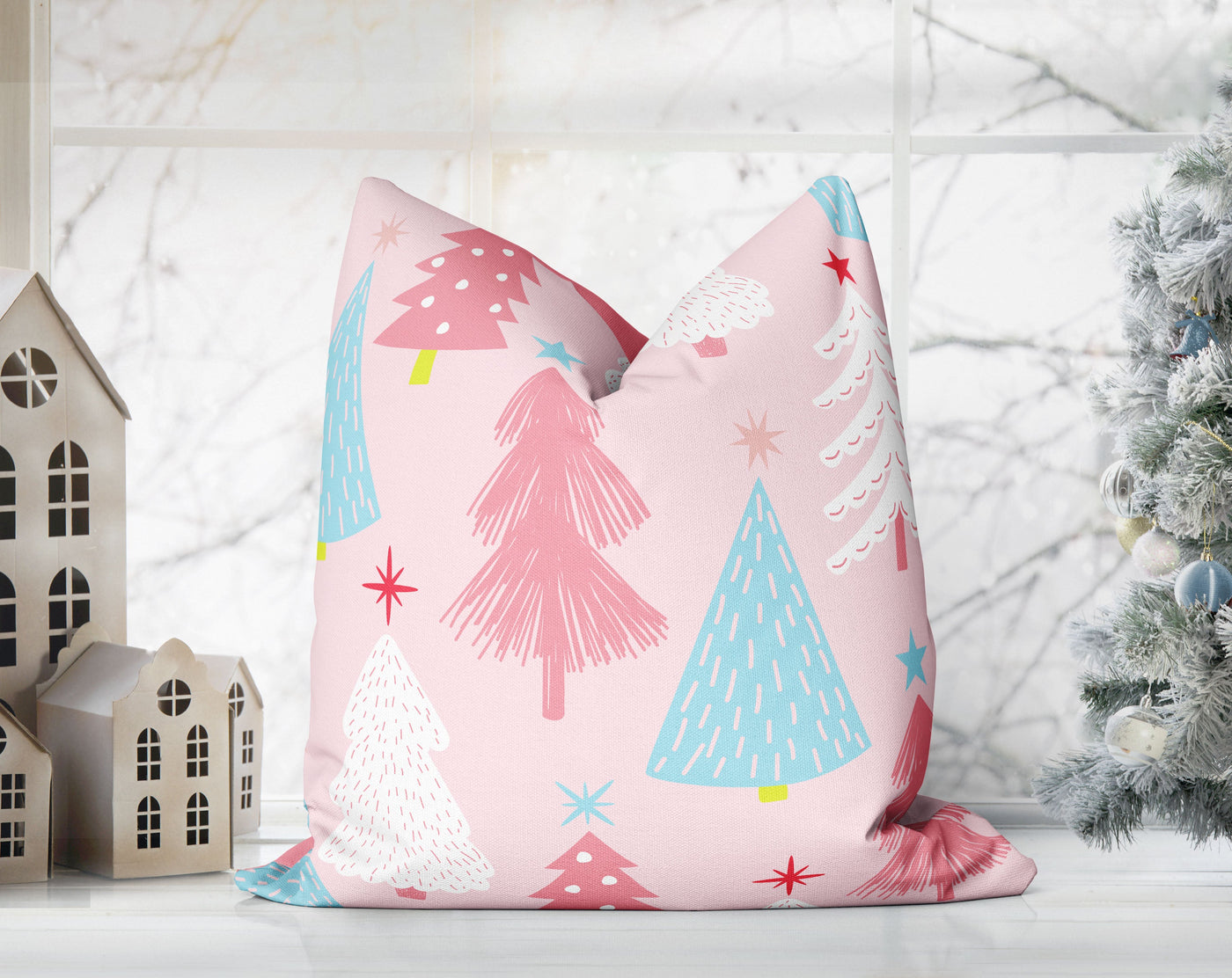 Marvelous Christmas Trees Pastel Pink Pillow Throw - Cush Potato Pillows