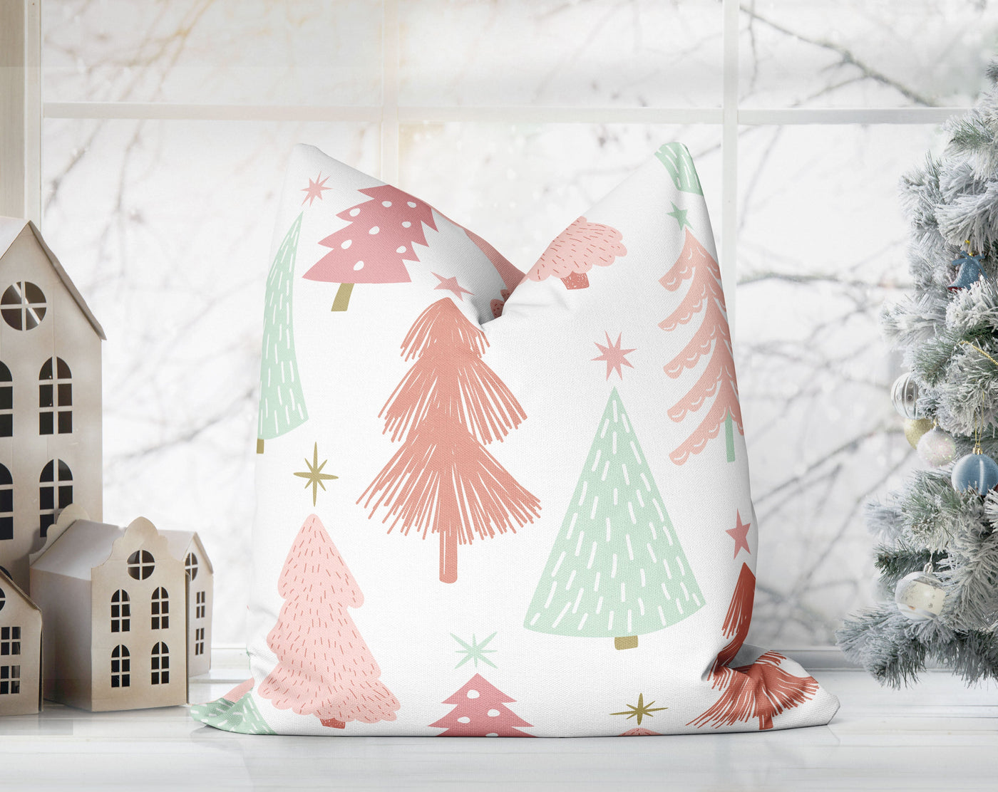 Marvelous Christmas Trees Pink, Green and White Pillow Throw - Cush Potato Pillows