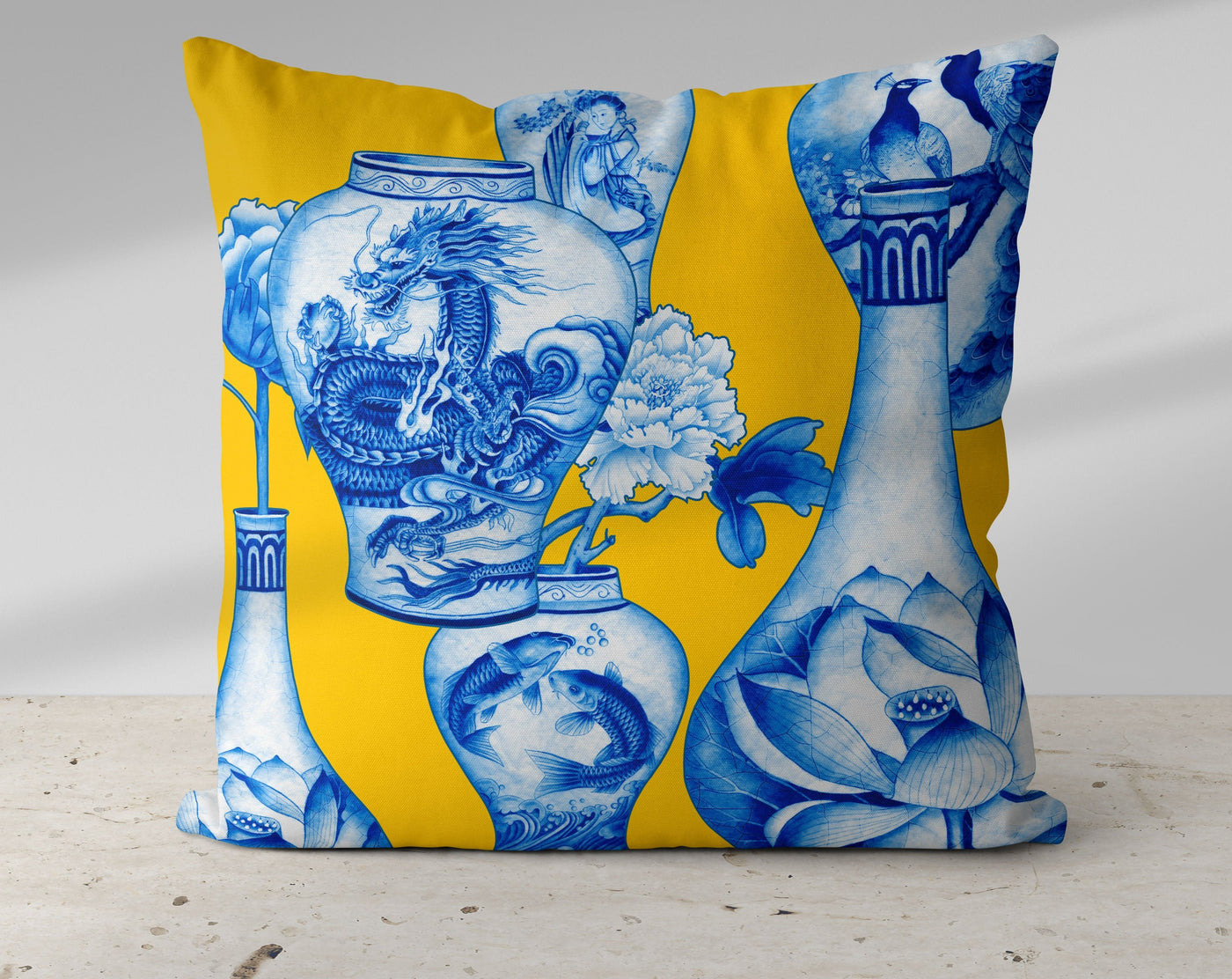 Ming Chinoiserie Chinese Blue Vases on Yellow Pillow Throw - Cush Potato Pillows