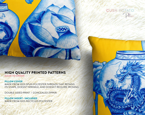 Ming Chinoiserie Chinese Blue Vases on Yellow Pillow Throw - Cush Potato Pillows