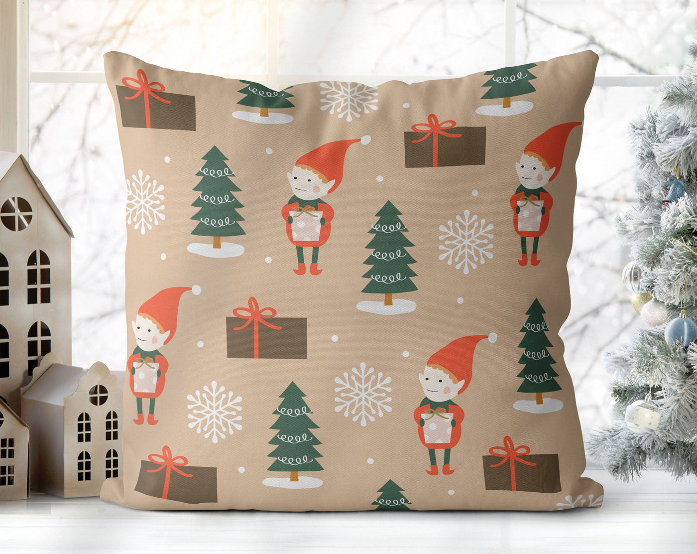 Mischievous Christmas Elves Mole, Beige Pillow Throw - Cush Potato Pillows