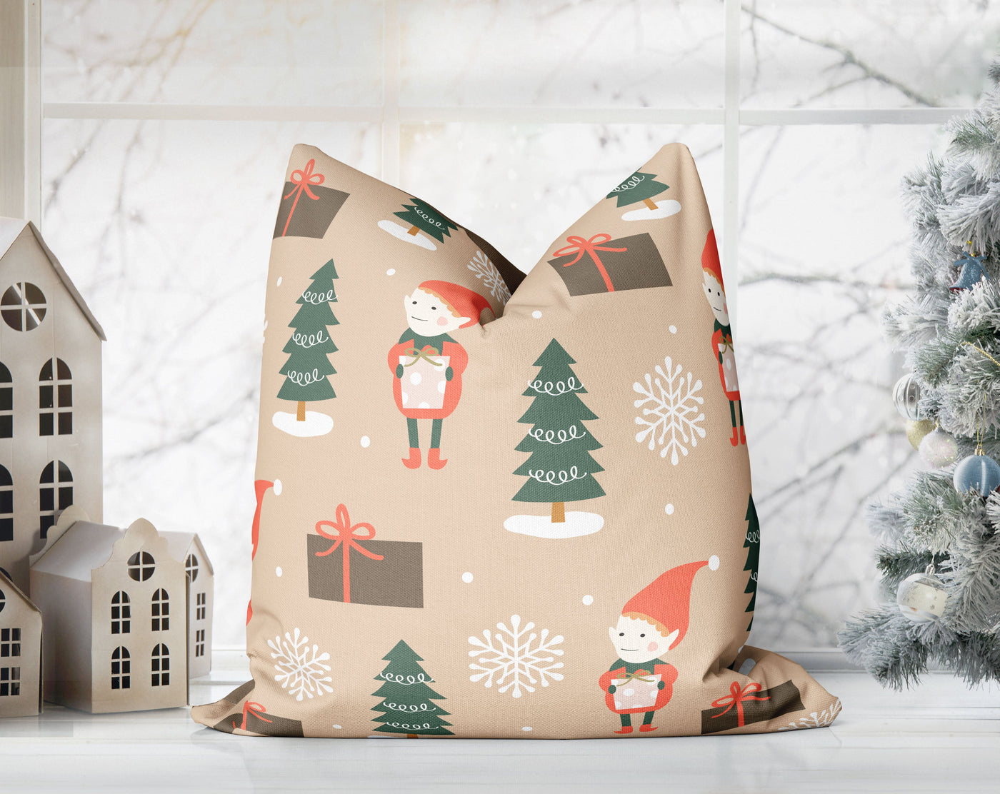 Mischievous Christmas Elves Mole, Beige Pillow Throw - Cush Potato Pillows