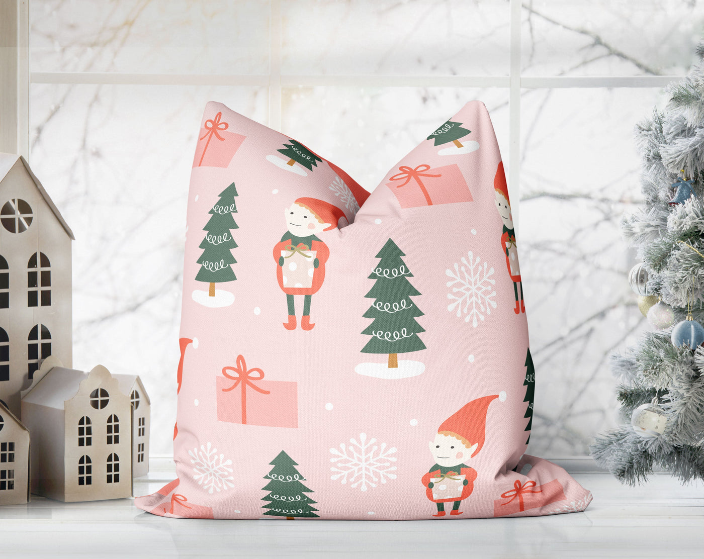 Mischievous Christmas Elves Pink Pillow Throw - Cush Potato Pillows
