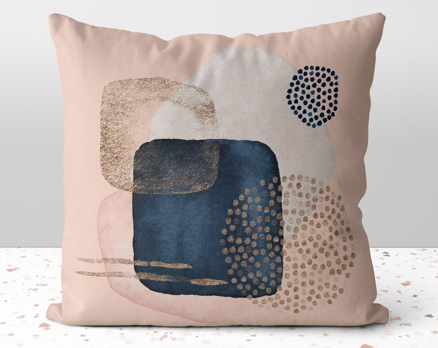 Modern Glam Dots Shapes Pink Square Pillow with Blue and Gold Printed Accents with Cover Throw with Insert - Cush Potato Pillows