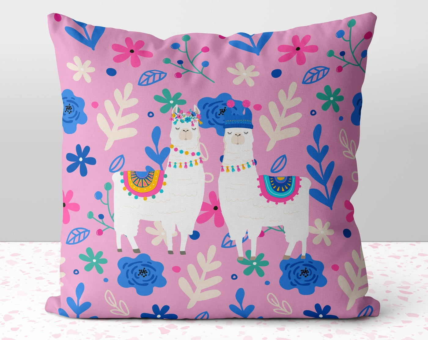 Posing Llamas Pink Blue Square Pillow Cover Throw - Cush Potato Pillows