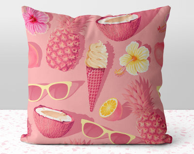 Summer Fun Pink Square Pillow Cover Throw with Ice Cream Cone Pineapple Sunglasses Accents - Cush Potato Pillows