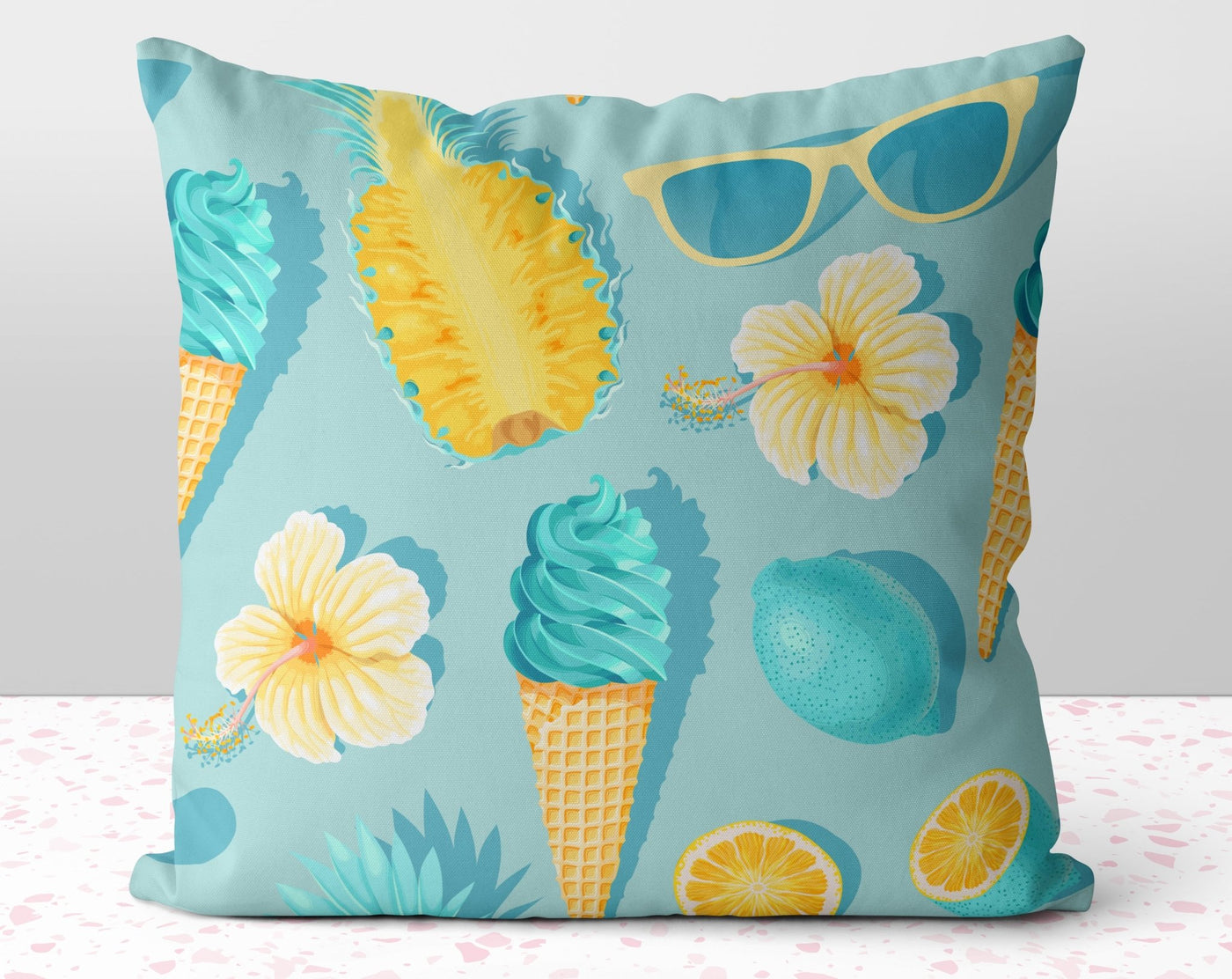 Summer Fun Teal Blue Square Pillow Cover Throw with Ice Cream Cones Pineapple Sunglasses Accents - Cush Potato Pillows