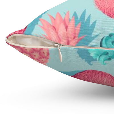 Summer Fun Teal Blue Square Pillow Cover Throw with Pink Coconut Pineapple Sunglasses Accents - Cush Potato Pillows