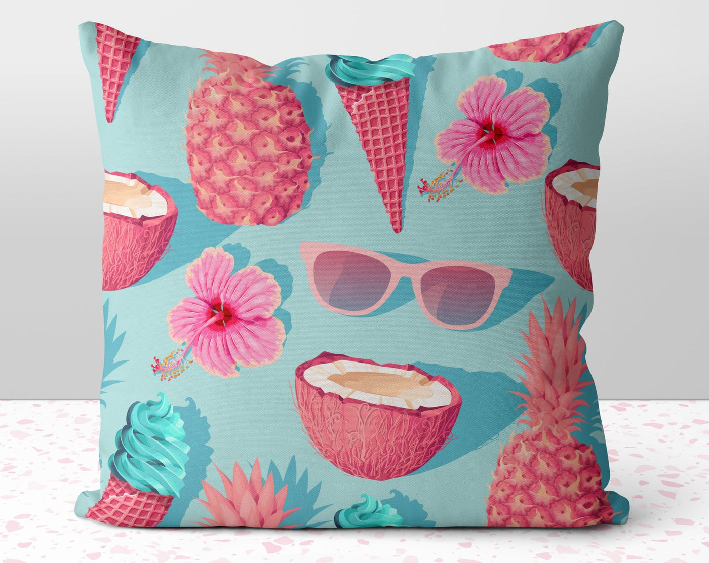 Summer Fun Teal Blue Square Pillow Cover Throw with Pink Coconut Pineapple Sunglasses Accents - Cush Potato Pillows