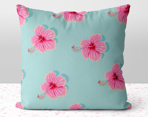 Summer Fun Teal Blue Square Pillow Cover Throw with Pink Floral Flower Accents - Cush Potato Pillows