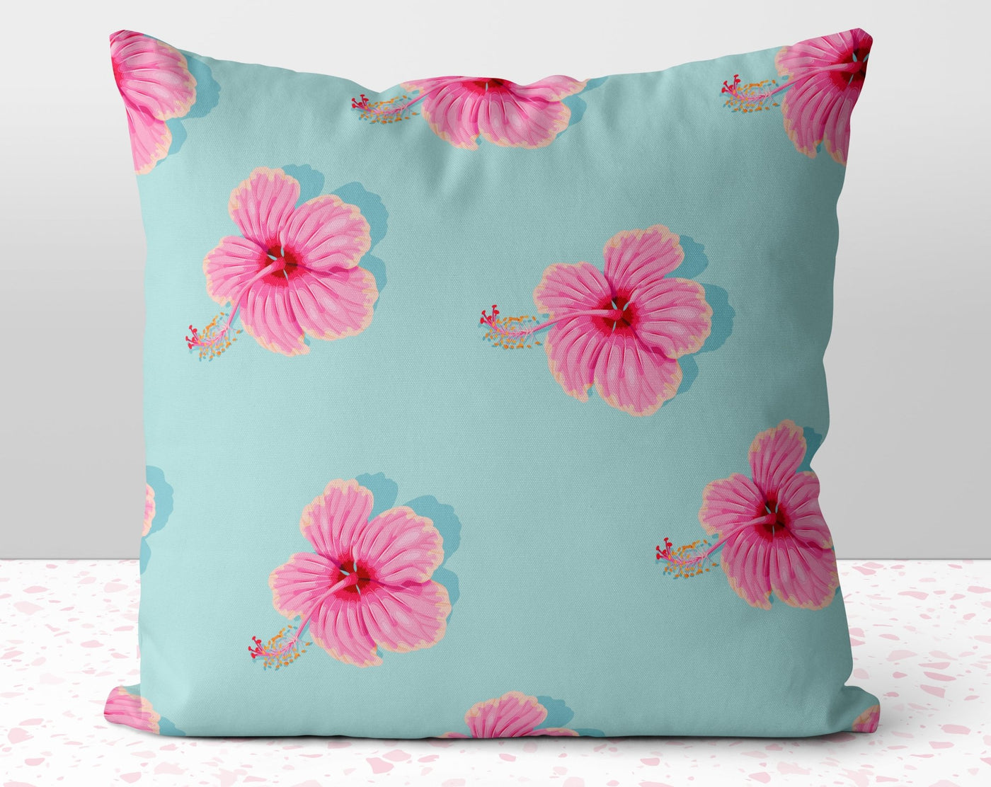 Summer Fun Teal Blue Square Pillow Cover Throw with Pink Floral Flower Accents - Cush Potato Pillows