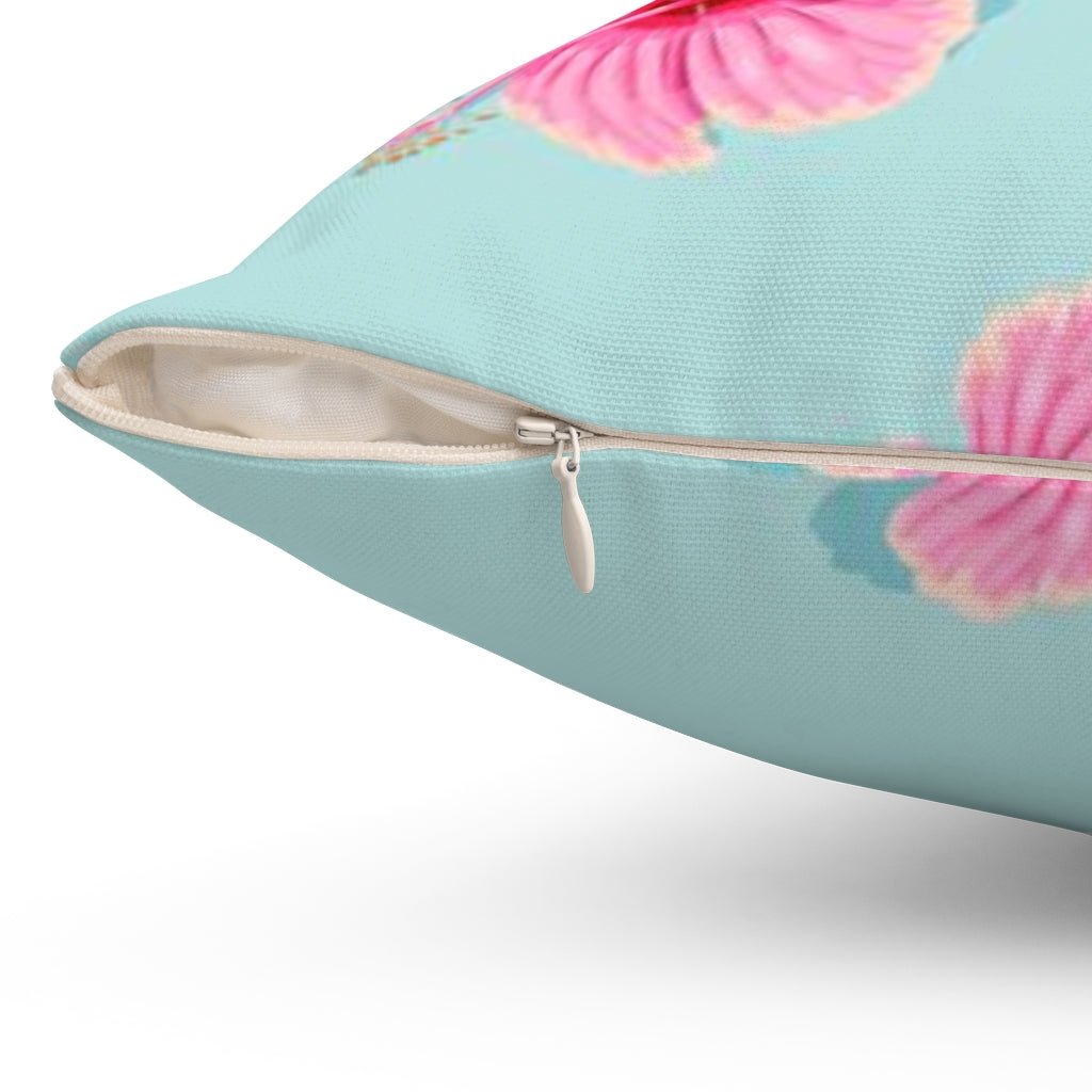 Summer Fun Teal Blue Square Pillow Cover Throw with Pink Floral Flower Accents - Cush Potato Pillows