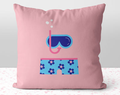 The Pink Scuba Diver and Blue Swim Trunks Square Pillow Cover Throw - Cush Potato Pillows