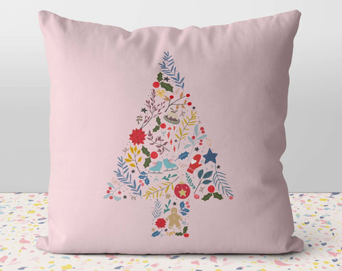Traditional Christmas Tree Montage Pink Pillow Throw Cover with Insert - Cush Potato Pillows
