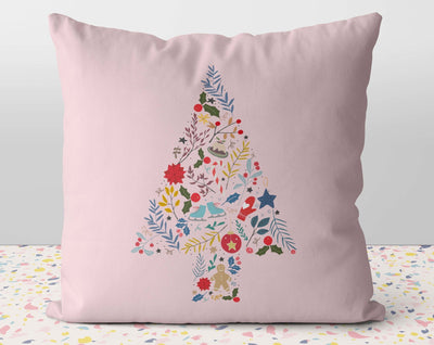 Traditional Christmas Tree Montage Pink Pillow Throw Cover with Insert - Cush Potato Pillows