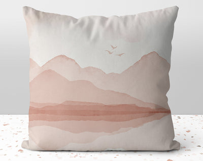 Tranquil Pink Mountain Landscape with Bird Accents Pillow Throw Cover with Insert - Cush Potato Pillows